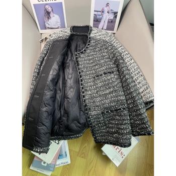 小香風花灰色中長款羊毛呢羽絨服