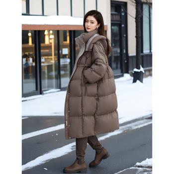 韓版新款羽絨服高階長款過膝保暖女寬松加厚抽繩氣質白鴨絨外套冬