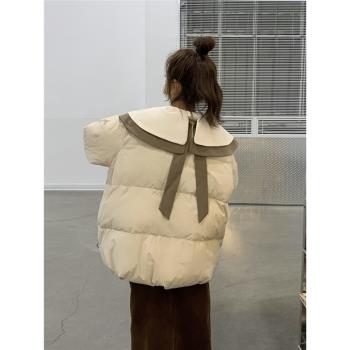 MJAE設計感娃娃領羽絨服女短款2024年冬新款時尚白鴨絨麵包服外套