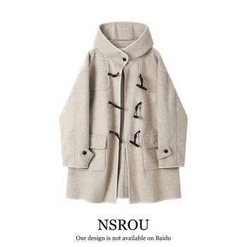 NSROU韓系牛角扣連帽雙面羊毛呢子大衣女秋冬季中長款超好看外套