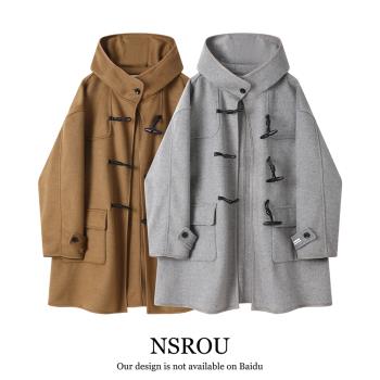 NSROU韓系中長款連帽羊毛呢子大衣外套女秋冬季高階感超好看風衣