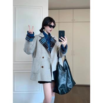 雙面穿毛呢西裝外套女2024秋冬新款氣質高階感短款呢子大衣加厚潮