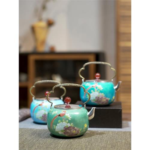 戀物志純銀999銀壺泡茶壺提梁壺純手工七寶燒琺瑯彩杜鵑花鳥|茶壺