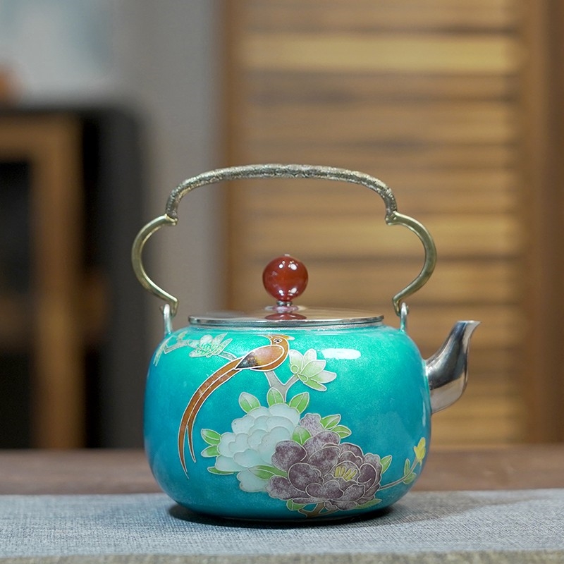 戀物志純銀999銀壺泡茶壺提梁壺純手工七寶燒琺瑯彩杜鵑花鳥|茶壺