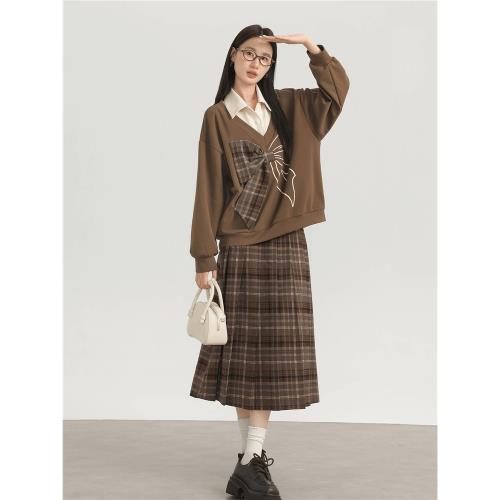 愛薔薇大碼2026新款春季穿搭兩件套胖mm衛衣女格子半身裙顯瘦套裝