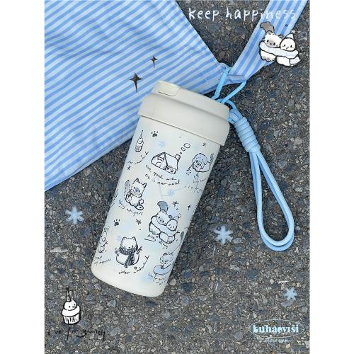 原創雪人貓咪陶瓷內膽不銹鋼保溫杯吸管大容量高顏值學生便攜水杯