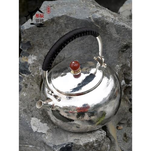 2升大容量銀壺純銀999燒水壺純手工一張打茶道家用足銀煮水壺|茶壺