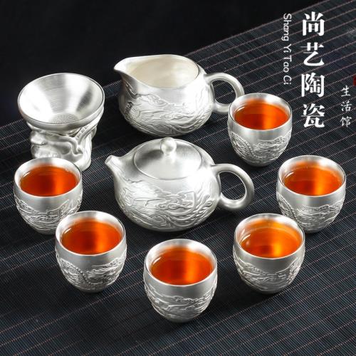 999純銀茶具套裝家用日式純手工銀壺純銀茶杯泡茶壺白瓷功夫茶具|功夫茶