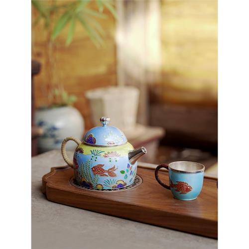 銀壺純銀999泡茶壺純手工景泰藍七寶燒掐絲茶器茶具復古魚水情深|茶壺