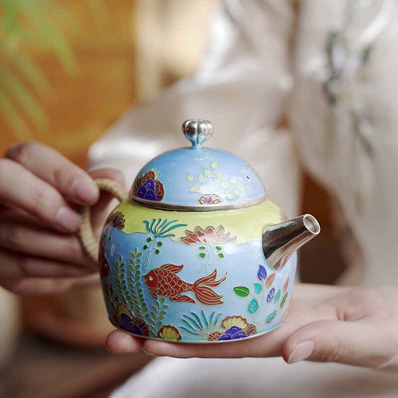 銀壺純銀999泡茶壺純手工景泰藍七寶燒掐絲茶器茶具復古魚水情深|茶壺