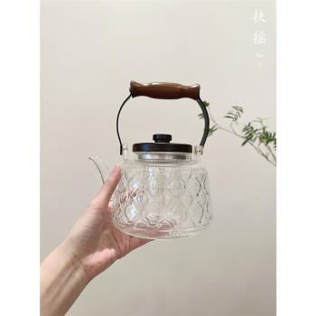 扶搖高硼矽復古海棠花玻璃蒸煮一體胡桃木蓋大容量圍爐燒茶壺煮水