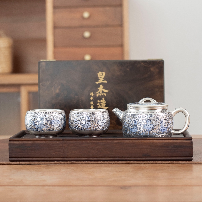 臻品堂周鴻杰銀壺天命玄鳥茶壺一壺兩杯高檔功夫茶具套裝送禮|茶壺
