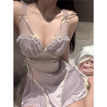 純欲風冰絲睡衣睡裙夏季帶胸墊性感吊帶顯瘦ins法式蕾絲睡袍套裝