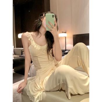 法式氣質蕾絲邊吊帶睡衣女秋冬季性感舒適背心長褲家居服三件套裝