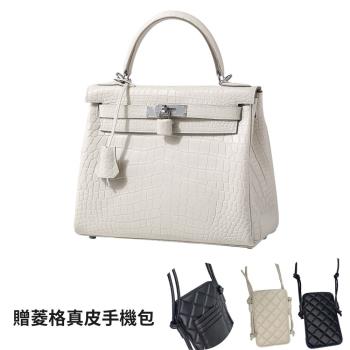 全球購免運 2024新款 暹羅鱷魚皮 凱莉包 真皮女包 單肩斜揹包 斜挎包 手提包 手工包 高階定製包 手袋 附贈菱格真皮手機包