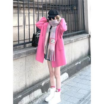 (免運)粉色連帽雙面羊絨大衣女中長款秋冬新款韓版寬松小個子毛呢外套