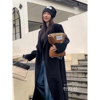 (免運)雙面純羊毛大衣女2024秋冬新款高階感黑色中長款加厚保暖毛呢外套