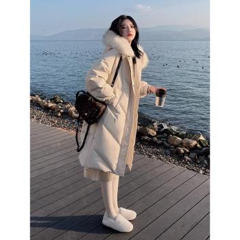 (免運)溫柔連帽加厚中長款外套羽絨服