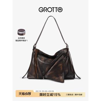 (免運)GROTTO新款真皮大容量單肩軟包