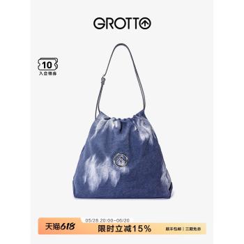 (免運)GROTTO個樂設計師新款Indigo牛仔真皮垃圾袋大容量單肩斜挎包