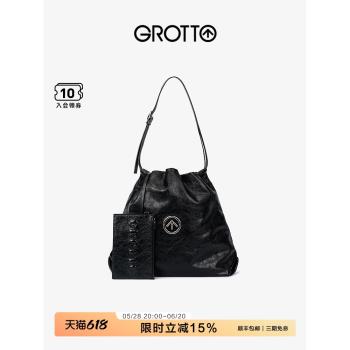 (免運)GROTTO個樂真皮垃圾袋中號休閑大容量子母包單肩斜挎軟包秋冬