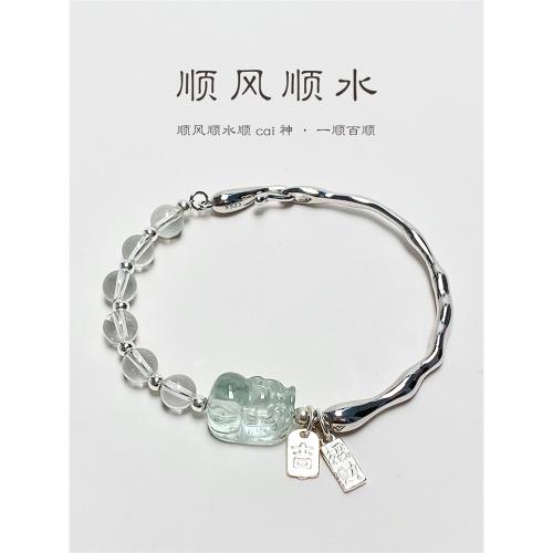 (免運)順風順水旺生意貔貅綠水晶純銀實心半鐲手鐲女生小眾設計錦鯉大王