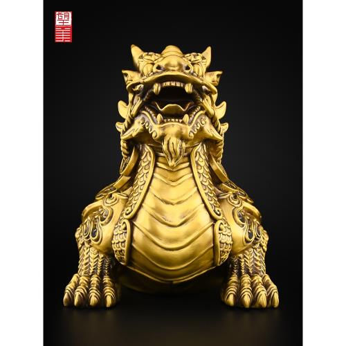 銅製　龍　自在　在銘 免運)銅龍龜擺件一對黃銅金錢八卦龍頭龜招辦公室玄武霸下財大號龍歸