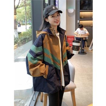 (免運)歐貨條紋拼接風衣外套女2025夏季流行單品寬松棒球服連帽夾克上衣