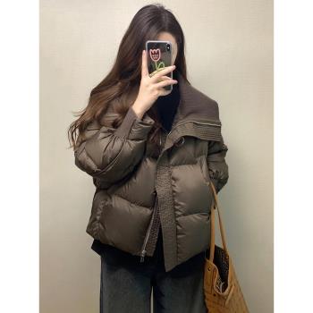 (免運)設計感針織拼接翻領短款外套女2025冬季新款防風保暖麵包服棉服