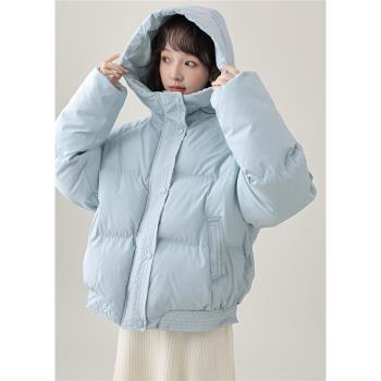 (免運)帛卡琪2025冬季新藍色連帽羽絨棉服外套女加厚保暖棉衣短款麵包服