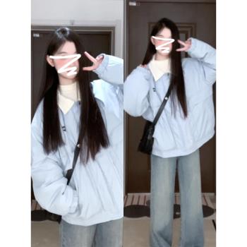 (免運)學院風藍色翻領棉服外套女秋冬季2025新款小個子加厚韓系保暖棉衣
