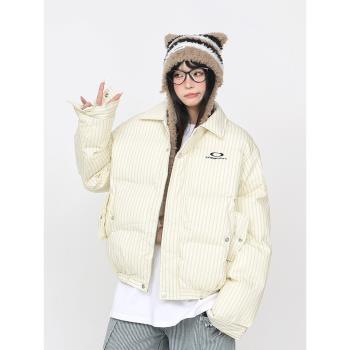 (免運)姝姬甜美豎條紋加厚棉服2024冬季美式復古保暖麵包服棉衣上衣女