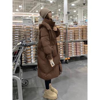 (免運)咖色高階感連帽羽絨服女中長款2025冬新款韓版保暖加厚白鴨絨外套