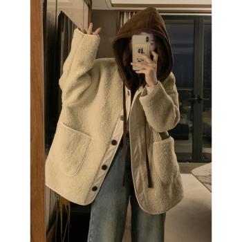 (免運)連帽羊羔毛外套女皮毛一體春秋大碼胖mm顯瘦今年流行加厚保暖上衣