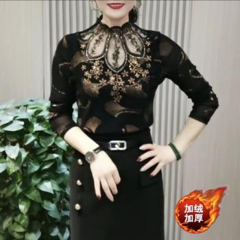 (免運)秋冬洋氣圓領燙鉆打底衫女士氣質修身顯瘦加絨加厚長袖保暖上衣