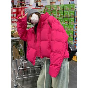 (免運)樹莓紅色90白鴨絨羽絨服女冬2024新款時尚洋氣加厚保暖麵包服外套