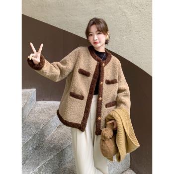 (免運)美拉德撞色包邊仿羊羔毛外套女冬2024新款高階感皮毛一體保暖上衣