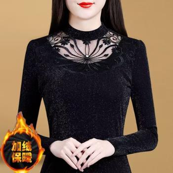(免運)加絨加厚蕾絲打底衫女士秋冬保暖內搭百搭顯瘦半高領大碼網紗上衣