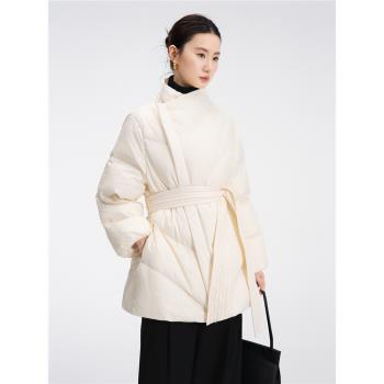 (免運)小個子白鴨絨短款羽絨服女2024冬季高階感極簡風寬松系帶保暖外套