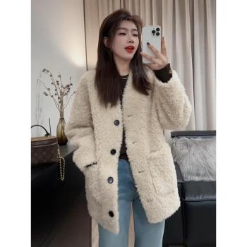 (免運)小個子加厚中長款呢子大衣女秋冬2024新款時尚寬松保暖羊羔絨外套