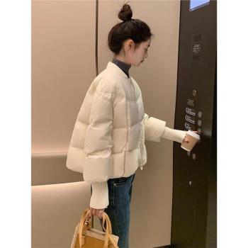 (免運)2025冬季新款女士白色短款棒球領羽絨棉服小個子時尚保暖棉衣外套