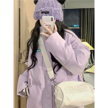 (免運)紫色羽絨棉服外套女冬季2025年新款寬松高階感麵包服加厚保暖棉衣