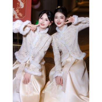 (免運)冬季伴娘服2025新款中式姐妹團禮服裙女國風秋冬加厚保暖高階長袖