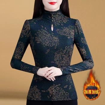 (免運)半高領打底衫女加絨加厚秋冬季高領印花保暖上衣氣質網紗新款內搭