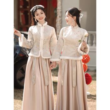 (免運)姐妹團冬季加厚中國風長袖伴娘服
