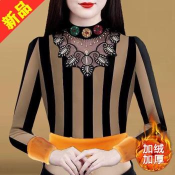 (免運)中領蕾絲波點燙鉆打底衫上衣洋氣女媽媽拼接加絨保暖長袖秋冬新款