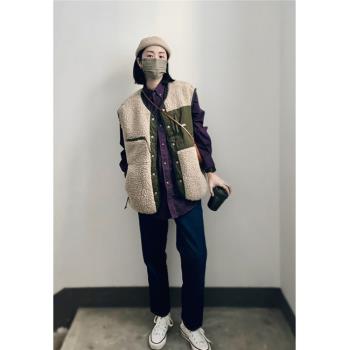 (免運)法式時髦別致拼色羊羔毛馬甲外套女秋冬復古寬松顯瘦外搭保暖上衣