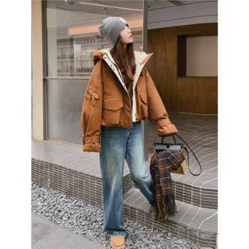 (免運)咖啡色工裝羽絨服女小個子2025新款冬季厚外套保暖90白鴨絨麵包服