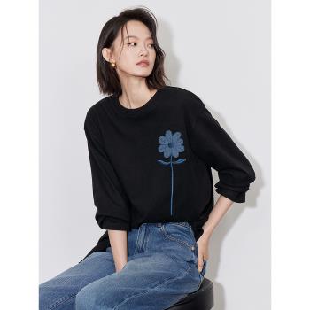 (免運)【插畫師聯名】初語牛仔花朵刺繡t恤女2024秋冬新款保暖舒絨上衣