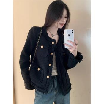 (免運)黑色小香風外套女士2025春季新款寬松休閑高階感氣質加厚保暖上衣